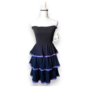 Pitusa Strapless Tiered Ruffle Smocked Mini Dress Sz S/M Black Evil Eye Charms